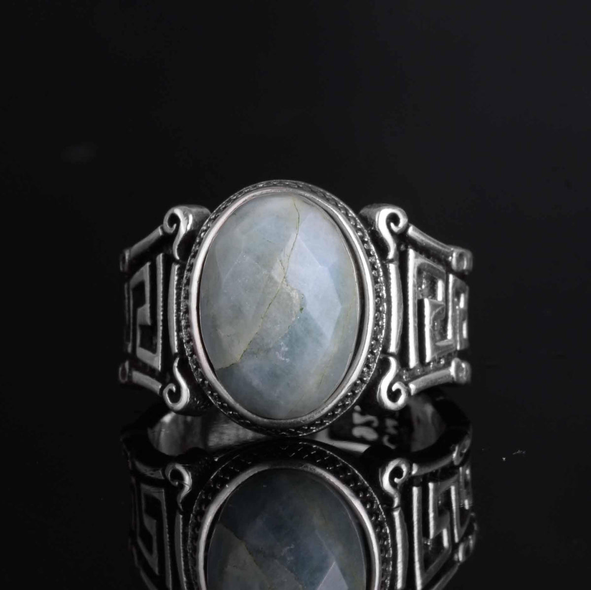 KAMBO 925 Sterling Silver Natural Stone Men's Ring – Labyrinth Pattern Handmade Vintage Statement Ring (Aquamarine) — 4