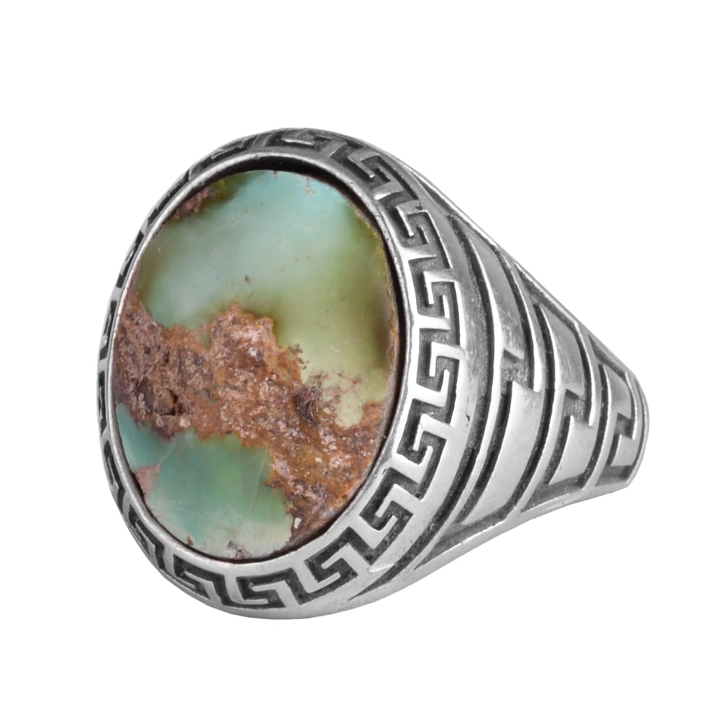 KAMBO Men's Natural Turquoise Stone Ring – 925 Sterling Silver Ring with Maze Side Designs – Handmade Minimalist Descriptive Jewelry (Style-5)