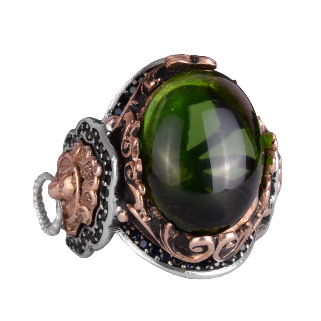 Peridot Synthetic Stone Ring, 925 Sterling Silver Ring, Lion Symbol Design Men's Ring