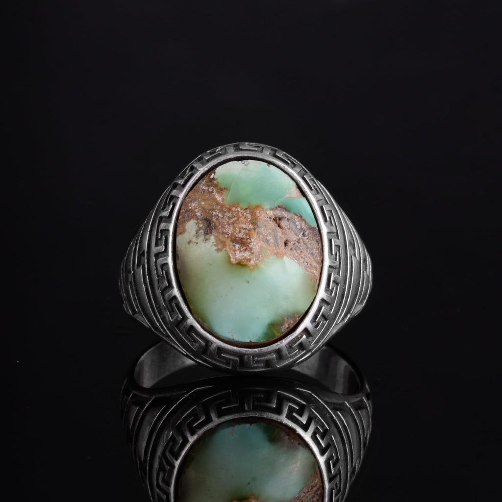 KAMBO Men's Natural Turquoise Stone Ring – 925 Sterling Silver Ring with Maze Side Designs – Handmade Minimalist Descriptive Jewelry (Style-5) — 4