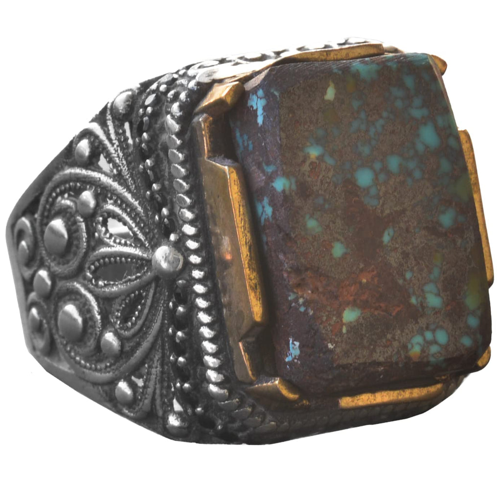 Natural Turquoise Stone Ring, Rectangular Design - 925 Sterling Silver Men's Ring, Handmade Elegance