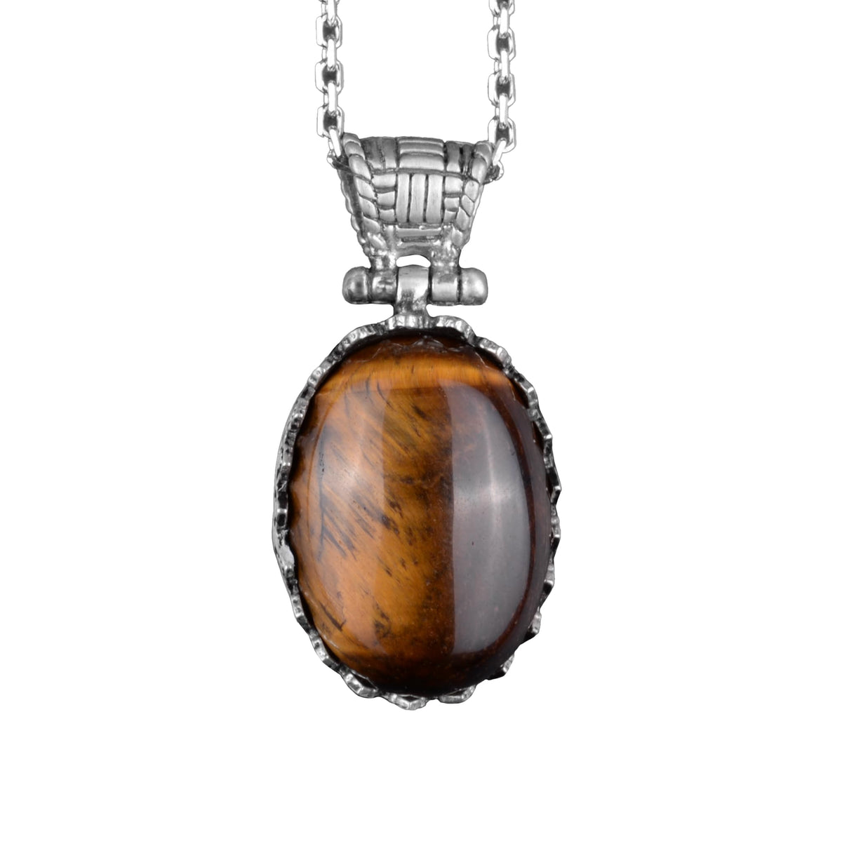 Natural Stone Necklace - 925 Sterling Silver Necklace (Tiger Eye)
