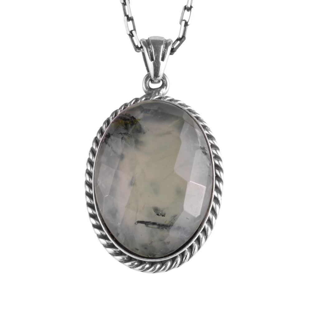KAMBO Natural Stone Chain Unisex Necklace 925 Sterling Silver – Handmade Oval Description Necklace (Prehnite)