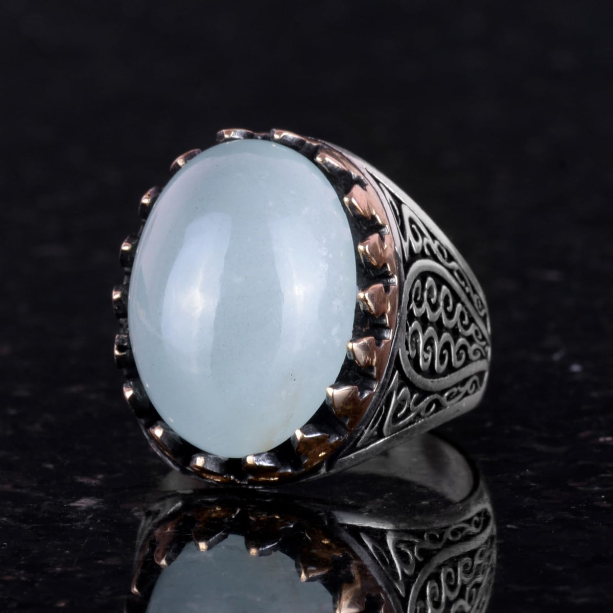 925 Sterling Silver Men's Ring - Handmade Elegance with Natural Stone (Cabochon Aquamarine) — 3