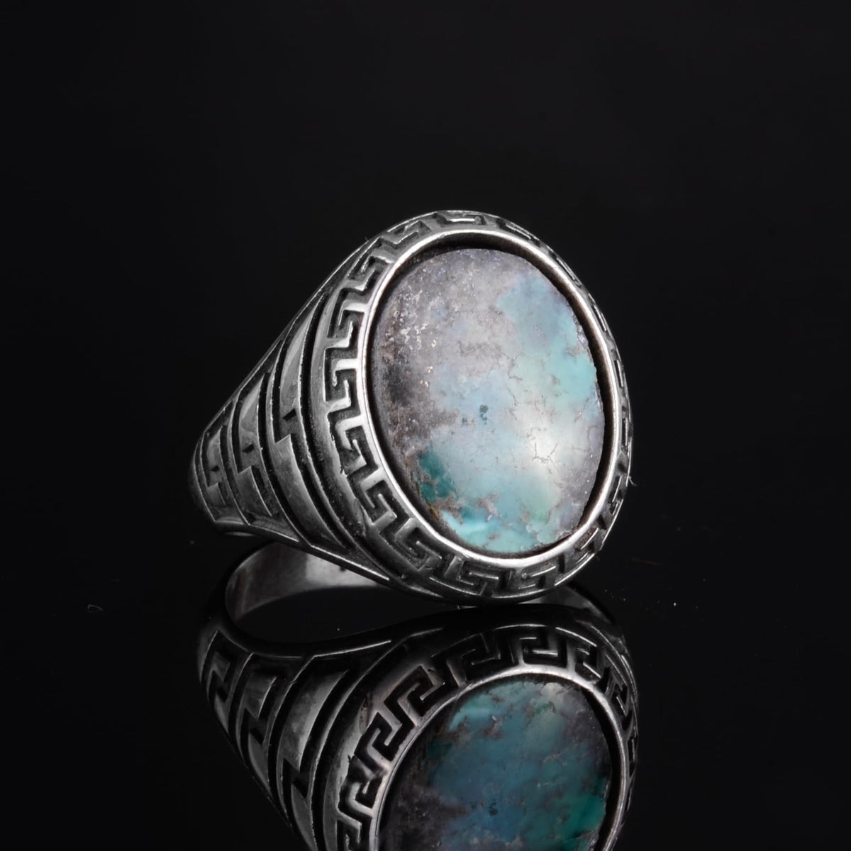 KAMBO Men's Natural Turquoise Stone Ring – 925 Sterling Silver Ring with Maze Side Designs – Handmade Minimalist Descriptive Jewelry (Style-7) — 6