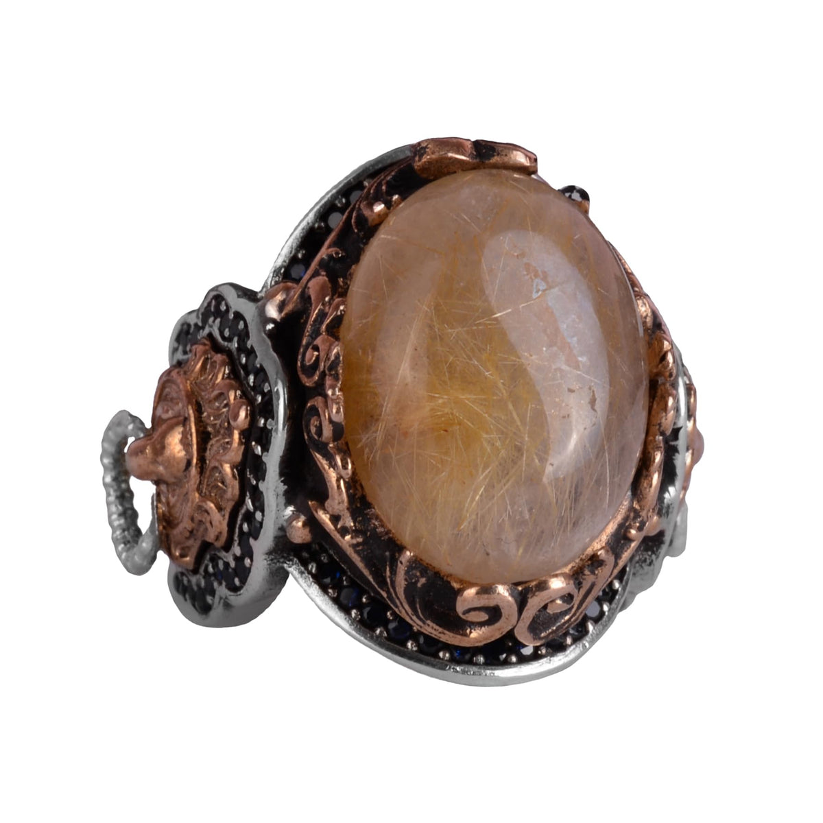 Natural Cabochon Gold Rutile Quartz Stone Ring - 925 Sterling Silver Men's Ring