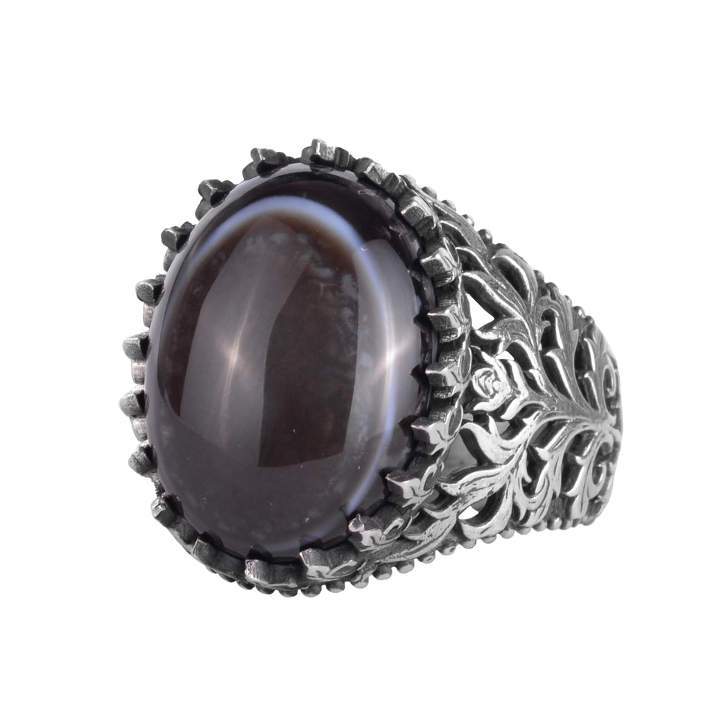 KAMBO Natural Yemen Agate Stone Ring – 925 Sterling Silver Decorative Men's Ring – Handmade Vintage Statement Ring (Yemen Agate-4)