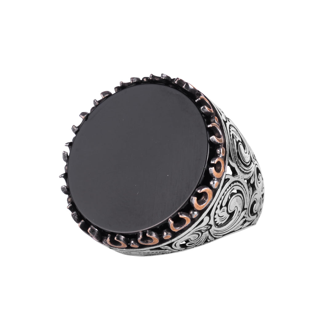 KAMBO Natural Stone Round Large Men's Ring – 925 Sterling Silver Handmade Ring – Statement Ring – Vintage Ottoman Style Men's Jewelry (Onyx)