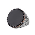 KAMBO Natural Stone Round Large Men's Ring – 925 Sterling Silver Handmade Ring – Statement Ring – Vintage Ottoman Style Men's Jewelry (Onyx)