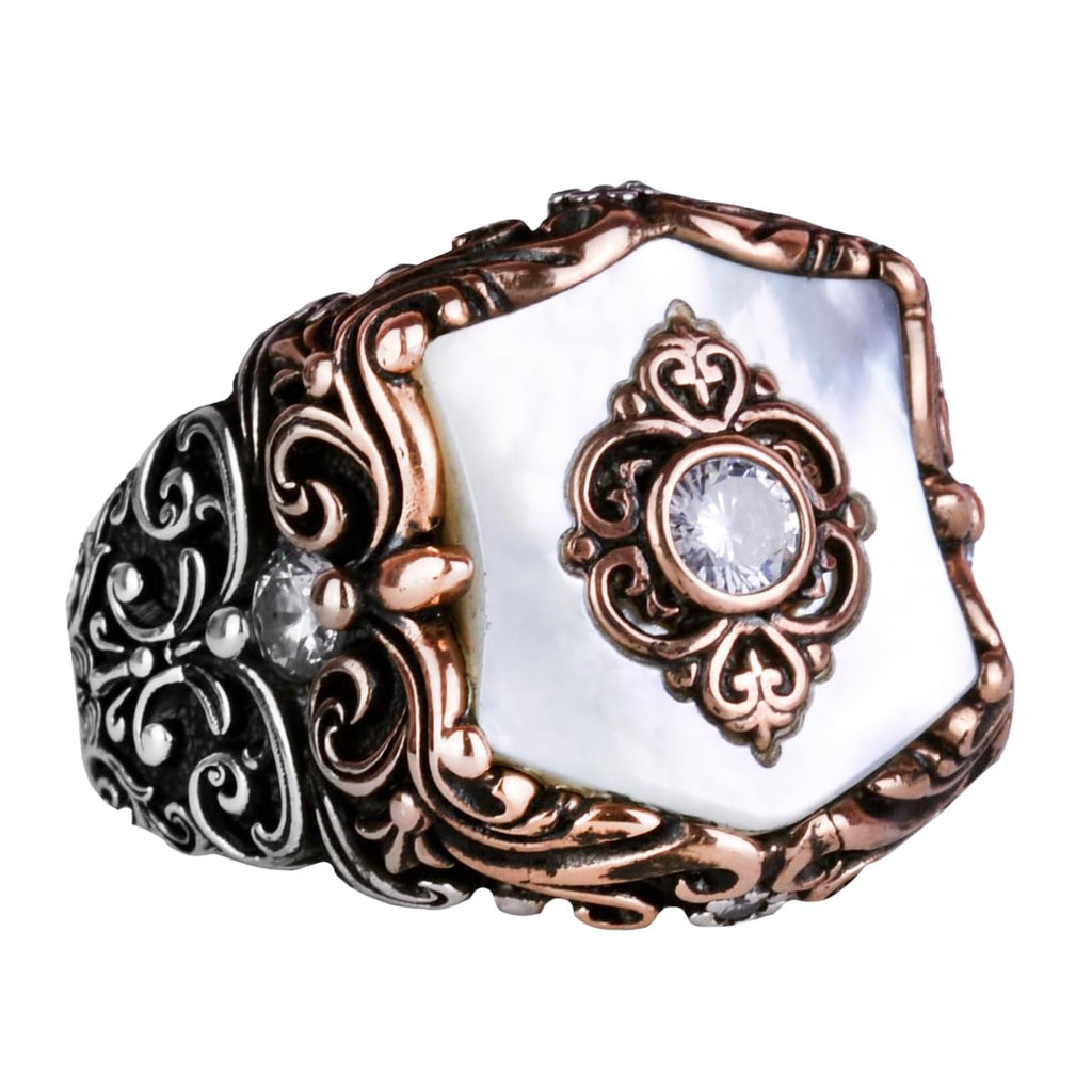 Natural Pearl Stone Ring, Handmade Vintage Design, 925 Sterling Silver Men's Ring