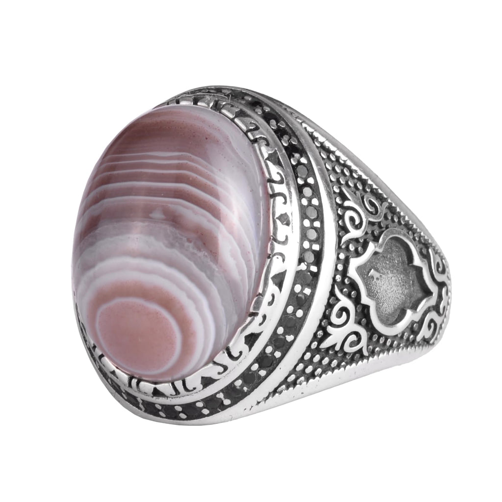 KAMBO Men's Natural Agate Stone Ring – 925 Sterling Silver Handmade Ottoman Star Motif Statement Ring – Islamic Heritage Jewelry (Style-3)