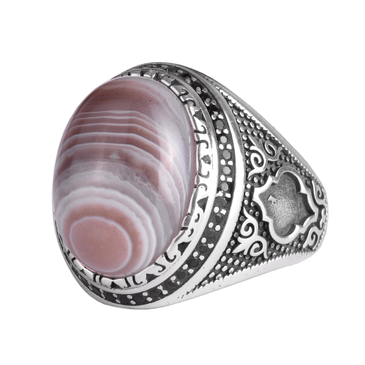 KAMBO Men's Natural Agate Stone Ring – 925 Sterling Silver Handmade Ottoman Star Motif Statement Ring – Islamic Heritage Jewelry (Style-3)