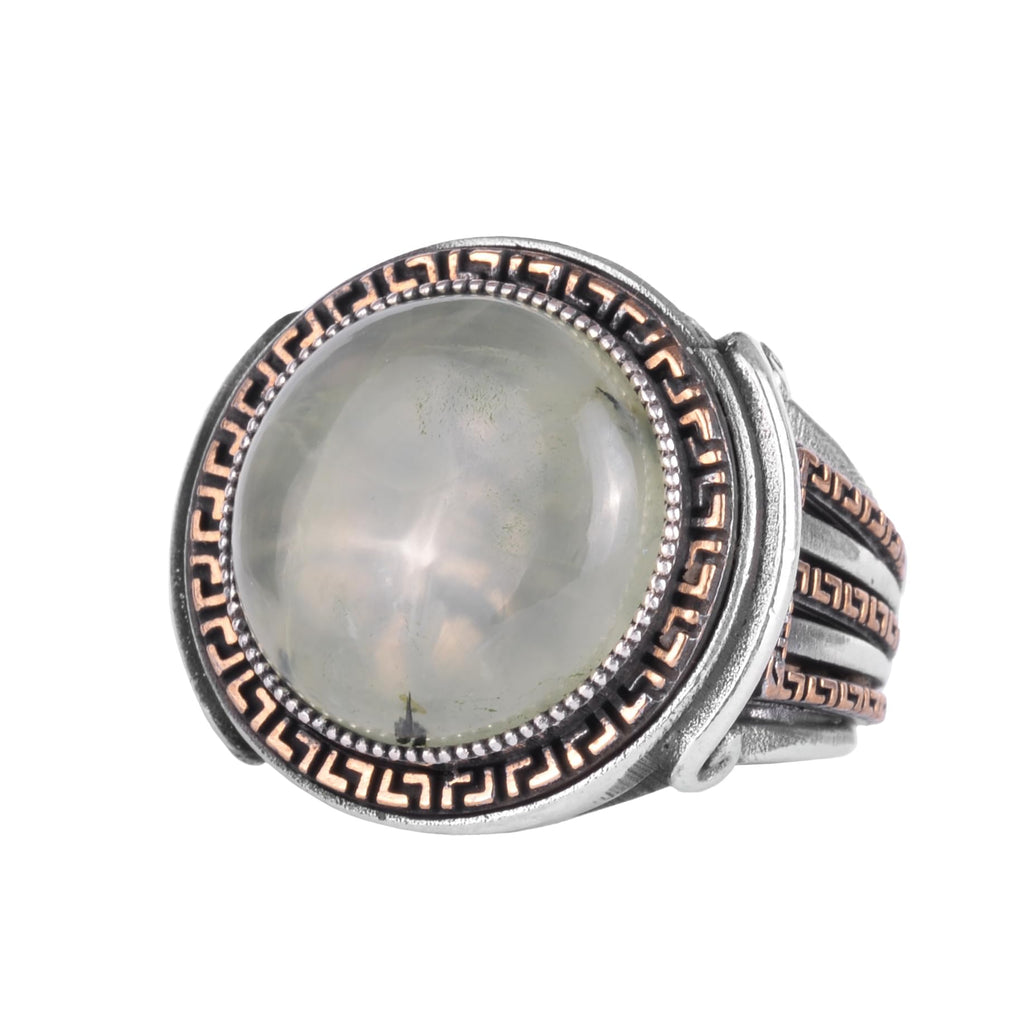 KAMBO Stone Round Men's Ring 925 Sterling Silver – Cabochon Handmade Vintage Greek Pattern Statement Ring (Prehnite)