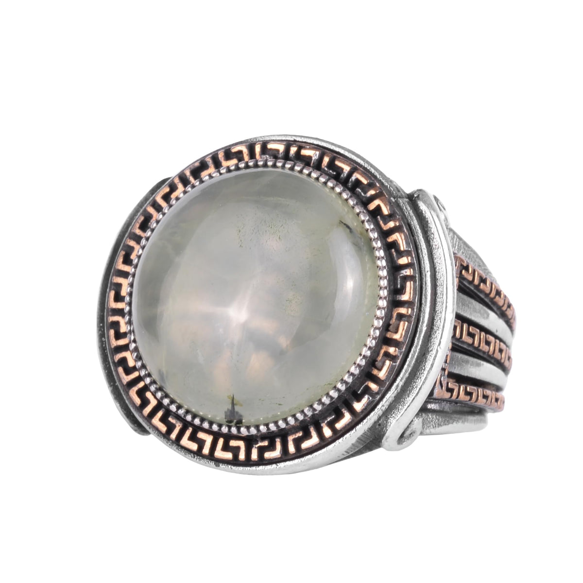 KAMBO Stone Round Men's Ring 925 Sterling Silver – Cabochon Handmade Vintage Greek Pattern Statement Ring (Prehnite)