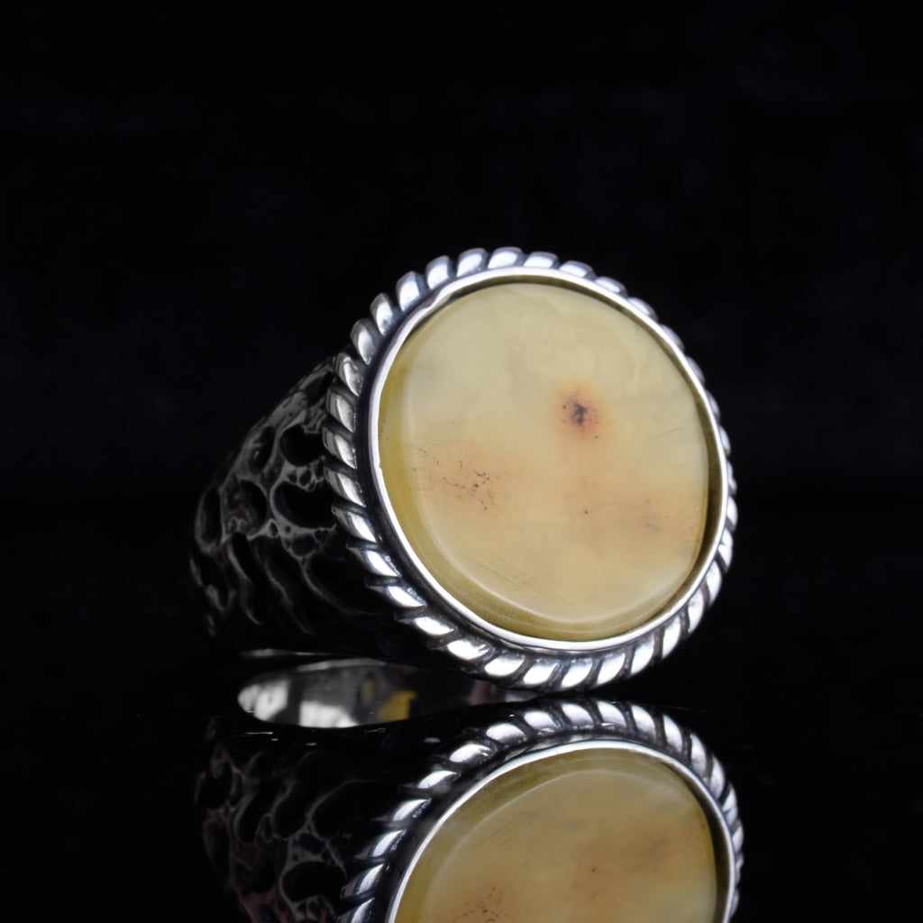 KAMBO Natural Amber Stone Men's Ring – 925 Sterling Silver Handmade Round Ring – Vintage Jewelry for Men (Amber-2) — 5
