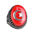 Turkish Flag Design Silver Men's Statement Ring – Crescent Star Patriotic Jewelry – Handmade Ottoman Inspired Large Red Oval