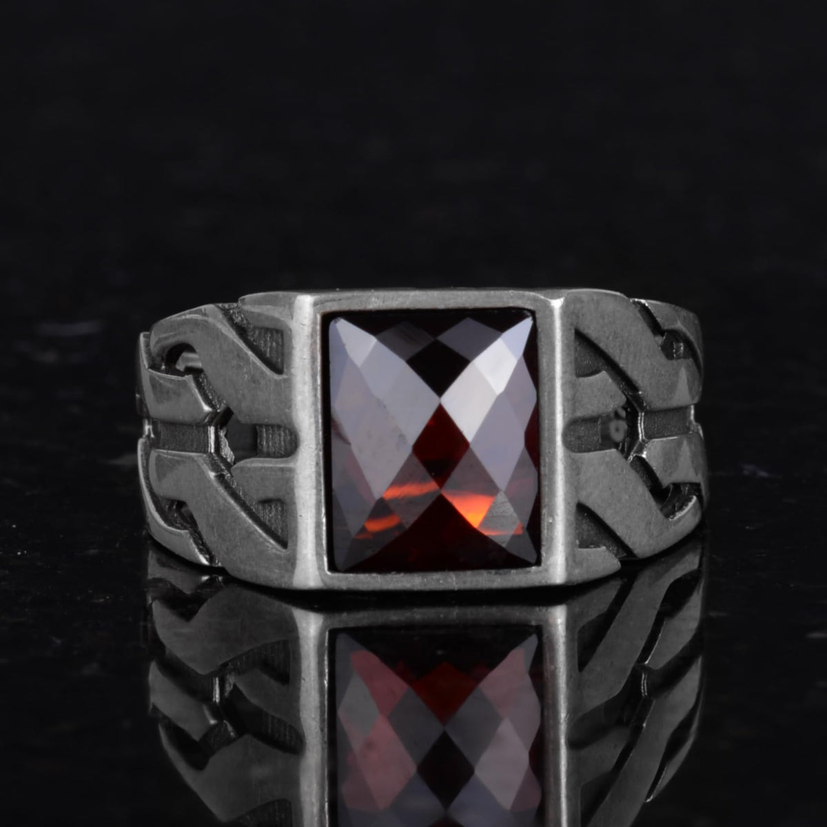 KAMBO Silver Greek Keychain, Created Garnet Stone - Handmade Ring for Capricorn Passion and Strength — 3