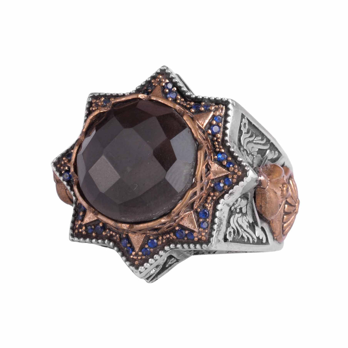 KAMBO 925 Sterling Silver Men's Natural Stone Ring – Warrior Helmet Motif Handmade Star Frame – Protective Spiritual Jewelry (Smoky Quartz)