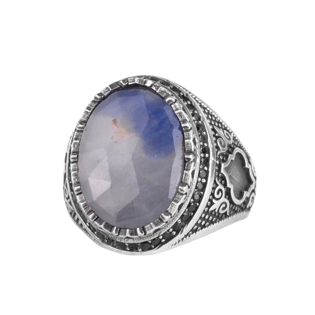 Natural Sapphire Stone Men's Ring 925 Sterling Silver Tooth Frame Black Stone Halo Handmade Statement Ring (Blue Sapphire-3)