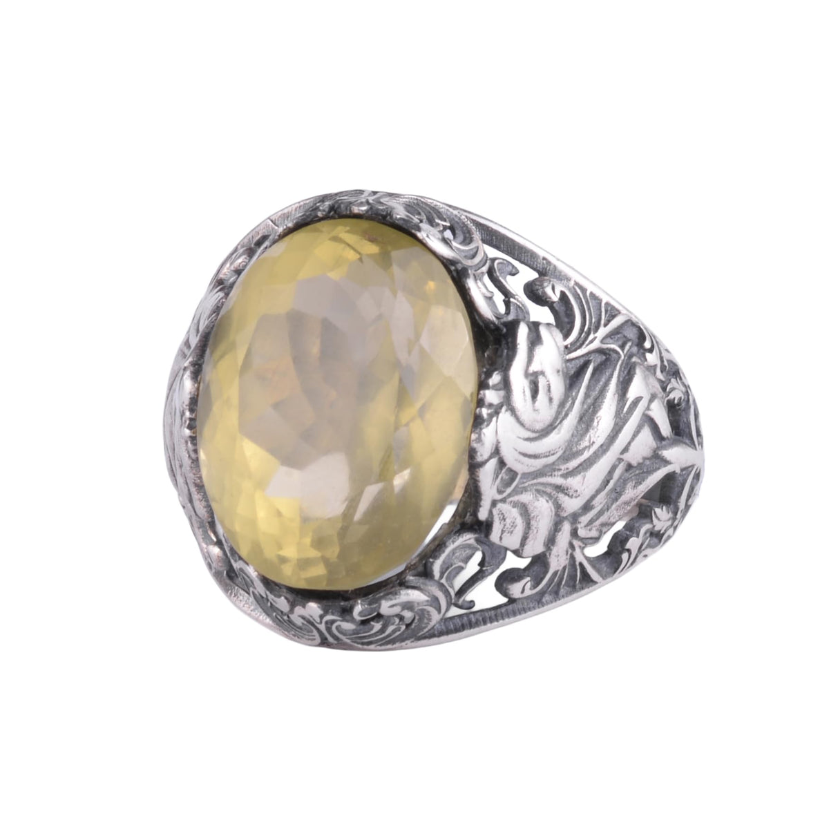 KAMBO Natural Stone Men's Ring 925 Sterling Silver - Large Flower Engraved Statement Ring - Handmade Vintage Ring for Men (Yellow Citrine)