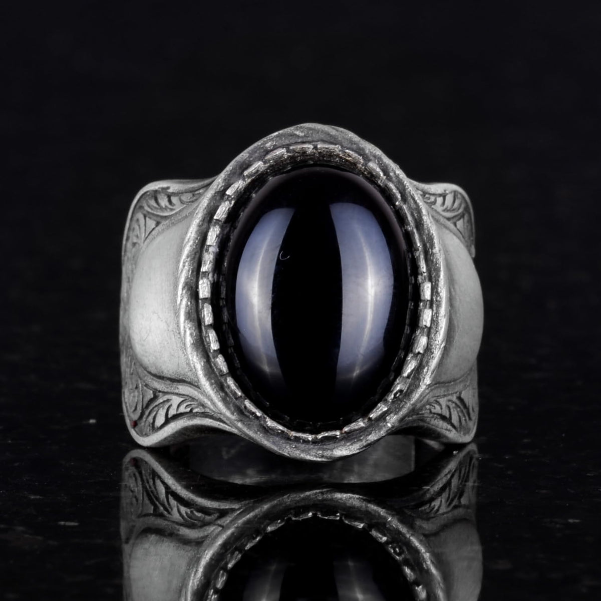 Natural Stone Ring, 925 Sterling Silver Ring, (Onyx) — 4