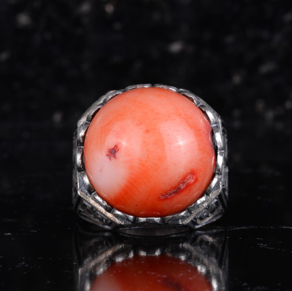 KAMBO Natural Coral Stone Men's Ring 925 Sterling Silver - Large Round Red Coral Cabochon Handmade Vintage Carved Statement Ring — 3