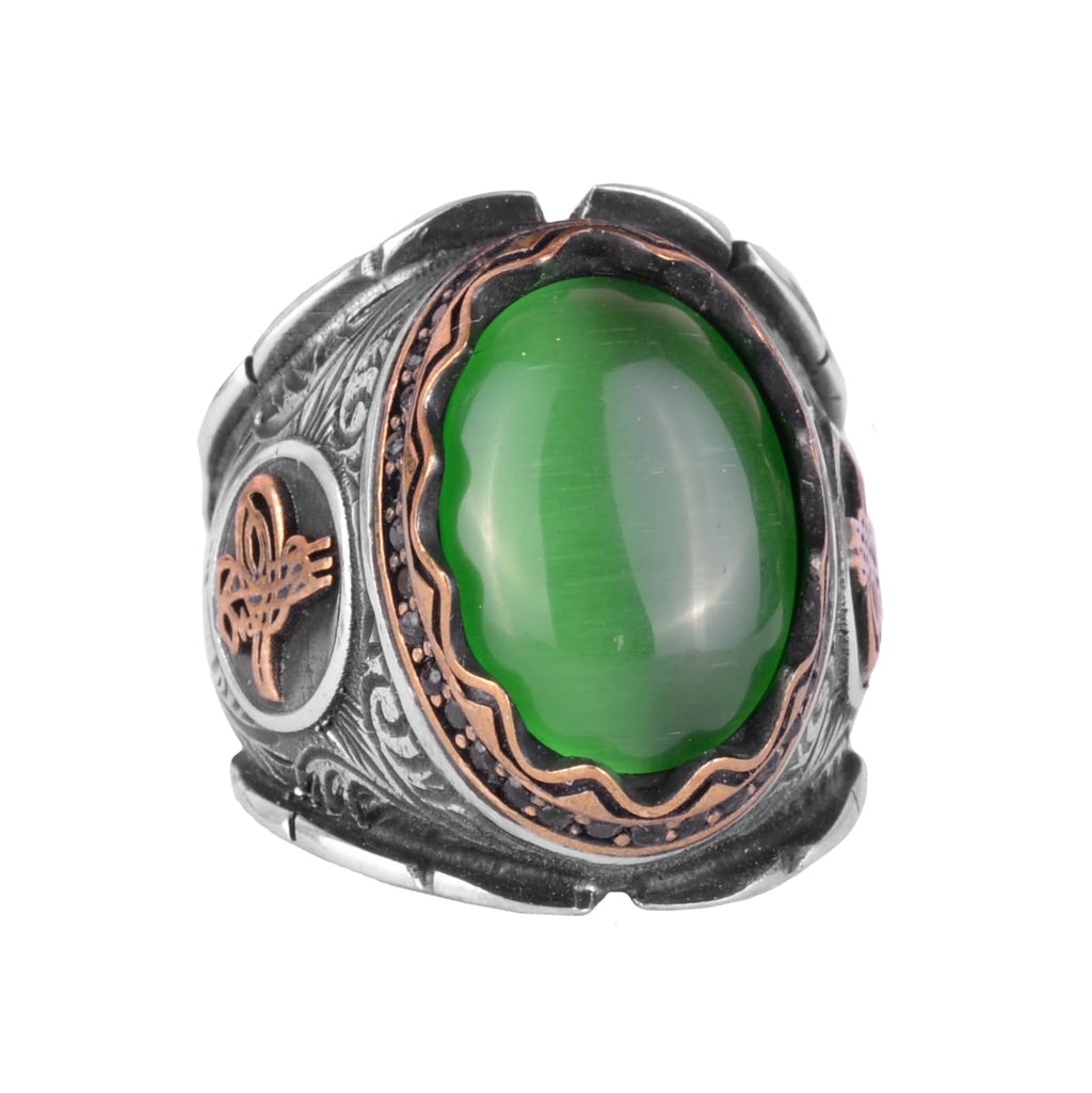 Green Cat's Eye Stone Ottoman Tugra Silver Ring