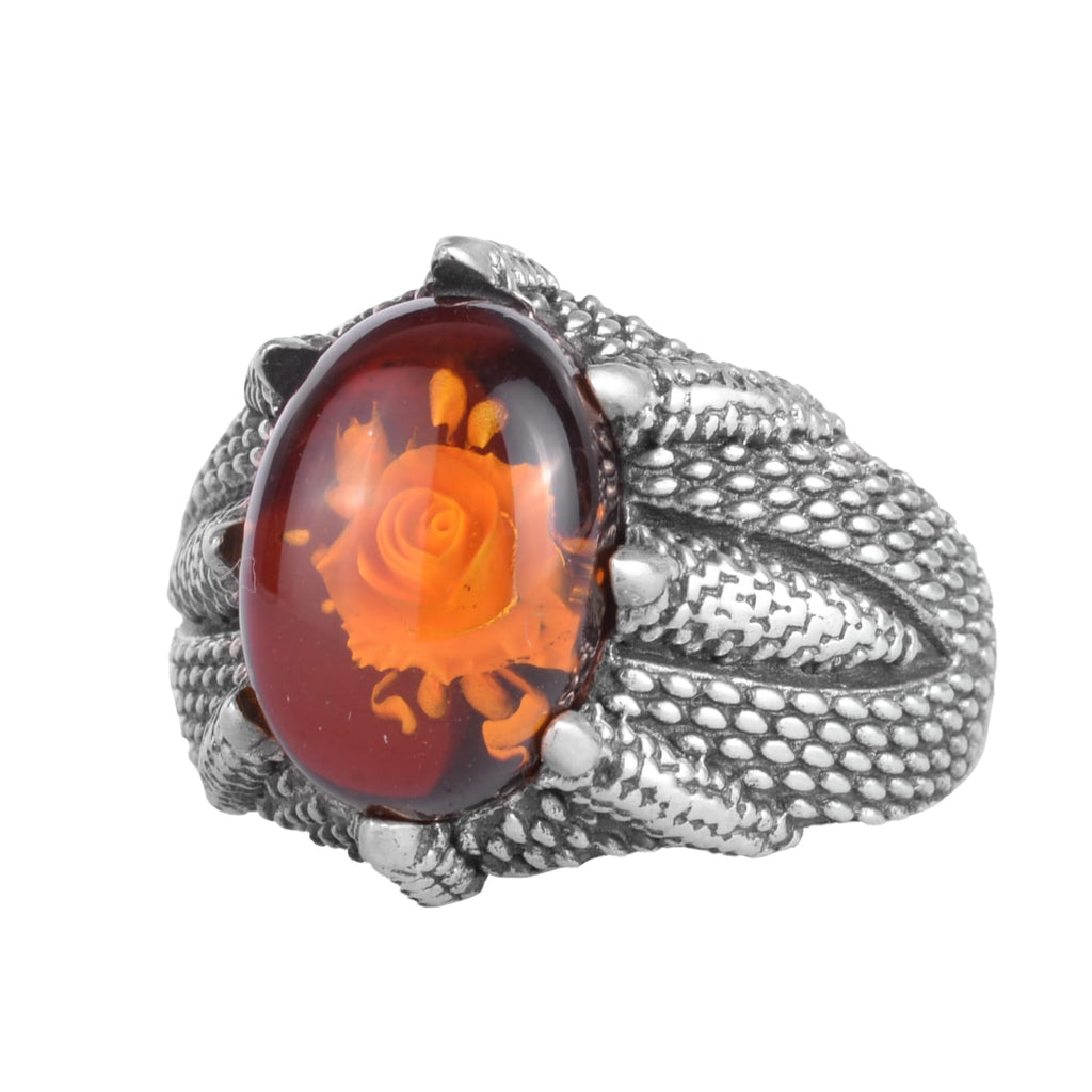 KAMBO Amber Stone Men's Ring Rose Carved 925 Sterling Silver – Oval Cabochon Handmade Vintage Flower Design Ring