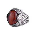 KAMBO Natural Stone Men's Ring 925 Sterling Silver - Large Flower Engraved Statement Ring - Handmade Vintage Ring for Men (Red Bloodstone)