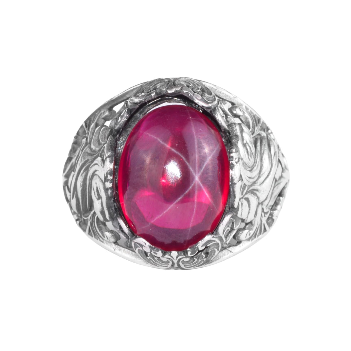KAMBO Natural Stone Men's Ring 925 Sterling Silver - Large Flower Engraved Statement Ring - Handmade Vintage Ring for Men (Star Ruby)