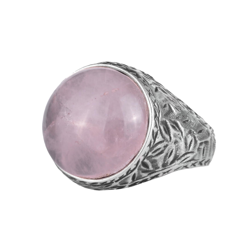 KAMBO Natural Stone Men's Ring 925 Sterling Silver Round Cabochon Handmade Statement Ring Stone (Rose Quartz)