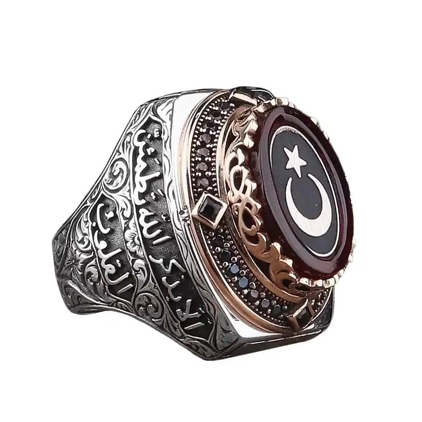 KAMBO 925 Sterling Silver Crescent Star Men's Ring – Synthetic Amber Tawakkul Model, Quran Verses, Ottoman Islamic Design