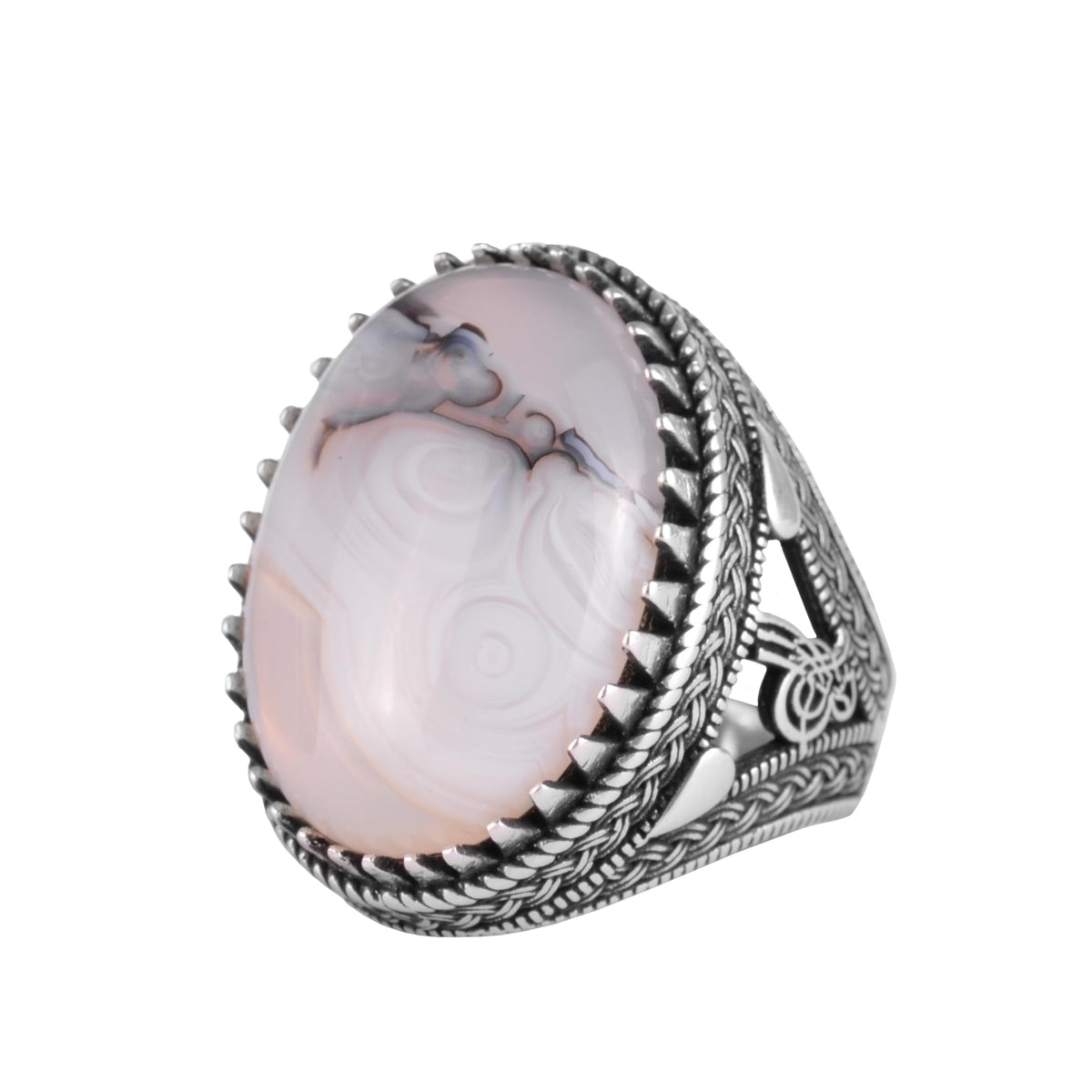 KAMBO Natural Yemen Agate Stone Men's Ring – 925 Sterling Silver Large Statement Ring – Handmade Ottoman Tugra Design Jewelry (Style-4)
