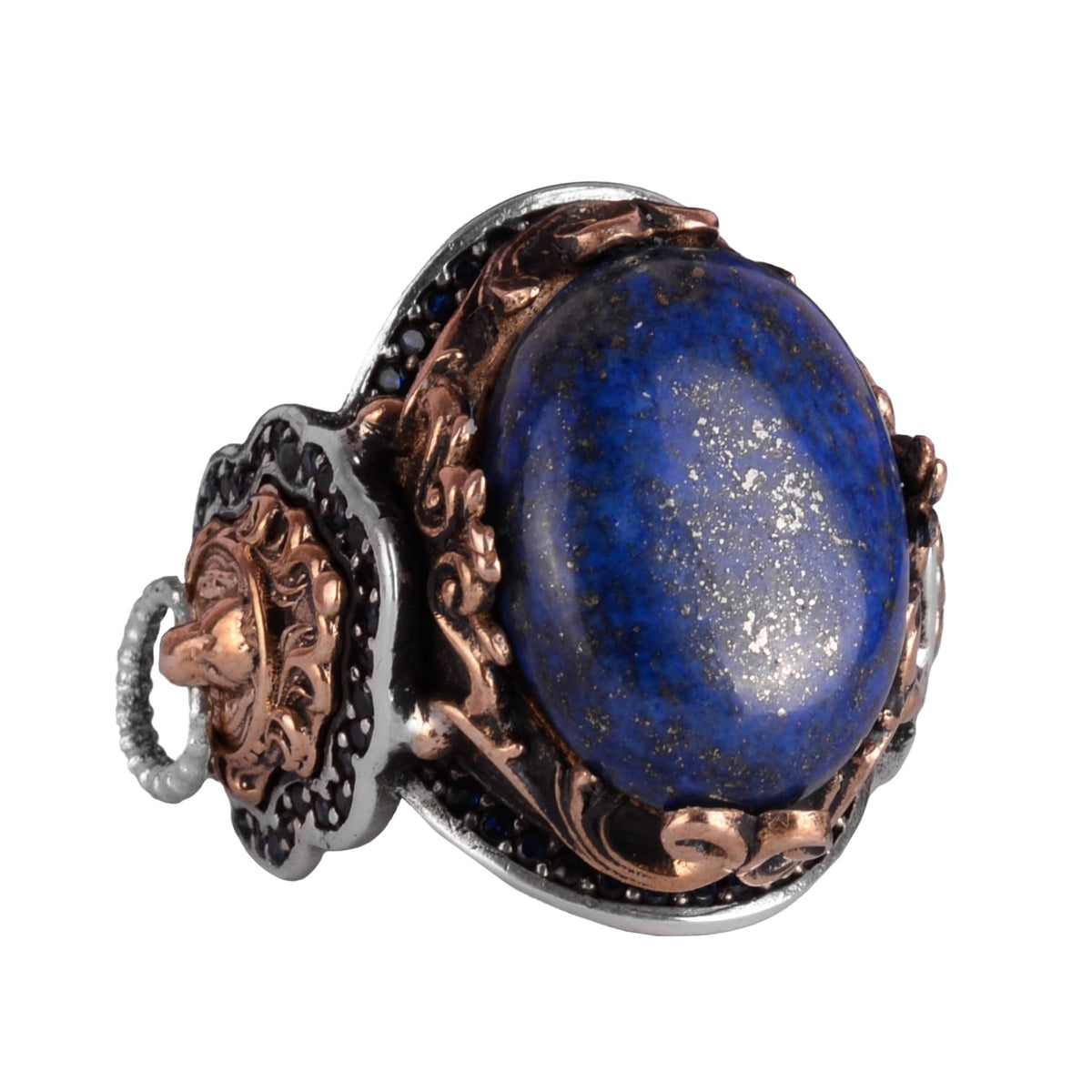 Natural Lapis Lazuli Stone Ring - Lion Head Design - 925 Sterling Silver