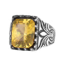 KAMBO Certified Natural Yellow Sapphire Stone Men's Ring 925 Sterling Silver – Ottoman Style Embroidered Designed Rectangular Sapphire Ring