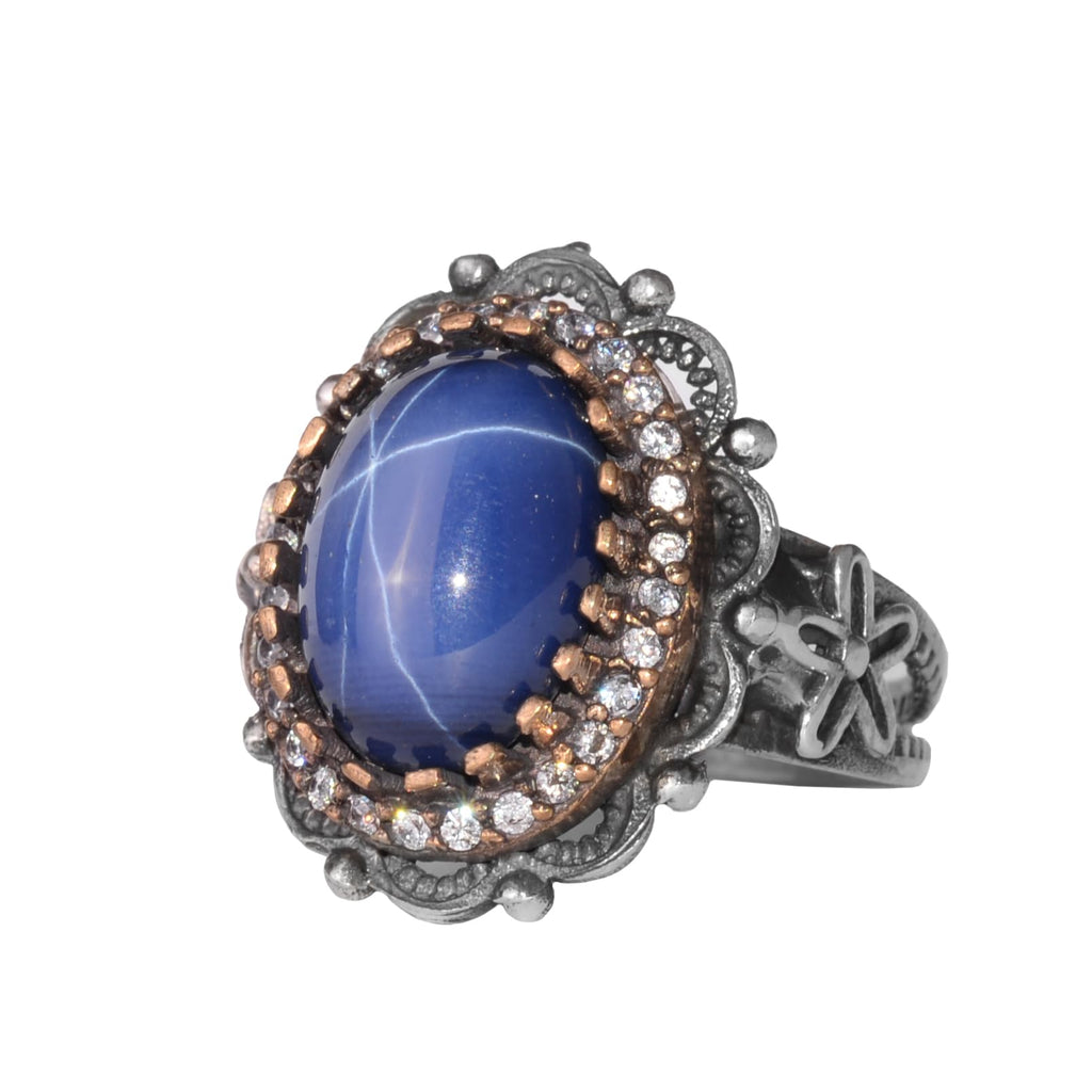 KAMBO Star Sapphire Women's Ring 925 Sterling Silver – Handmade Vintage Statement Ring – Blue Cabochon Stone Jewelry Gift