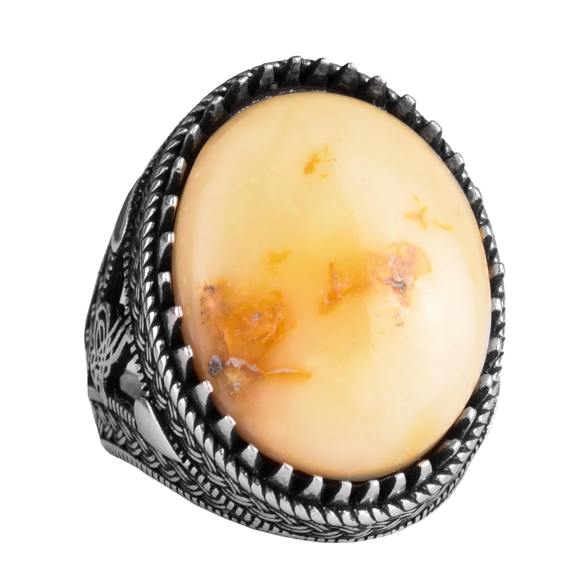 KAMBO Ottoman Tugra Design Natural Amber Stone Ring - 925 Sterling Silver Handmade (Model-4)