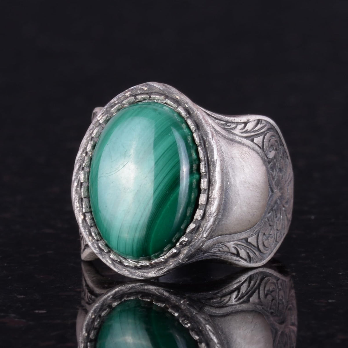 Natural Stone Ring, 925 Sterling Silver Ring, Malachite — 4