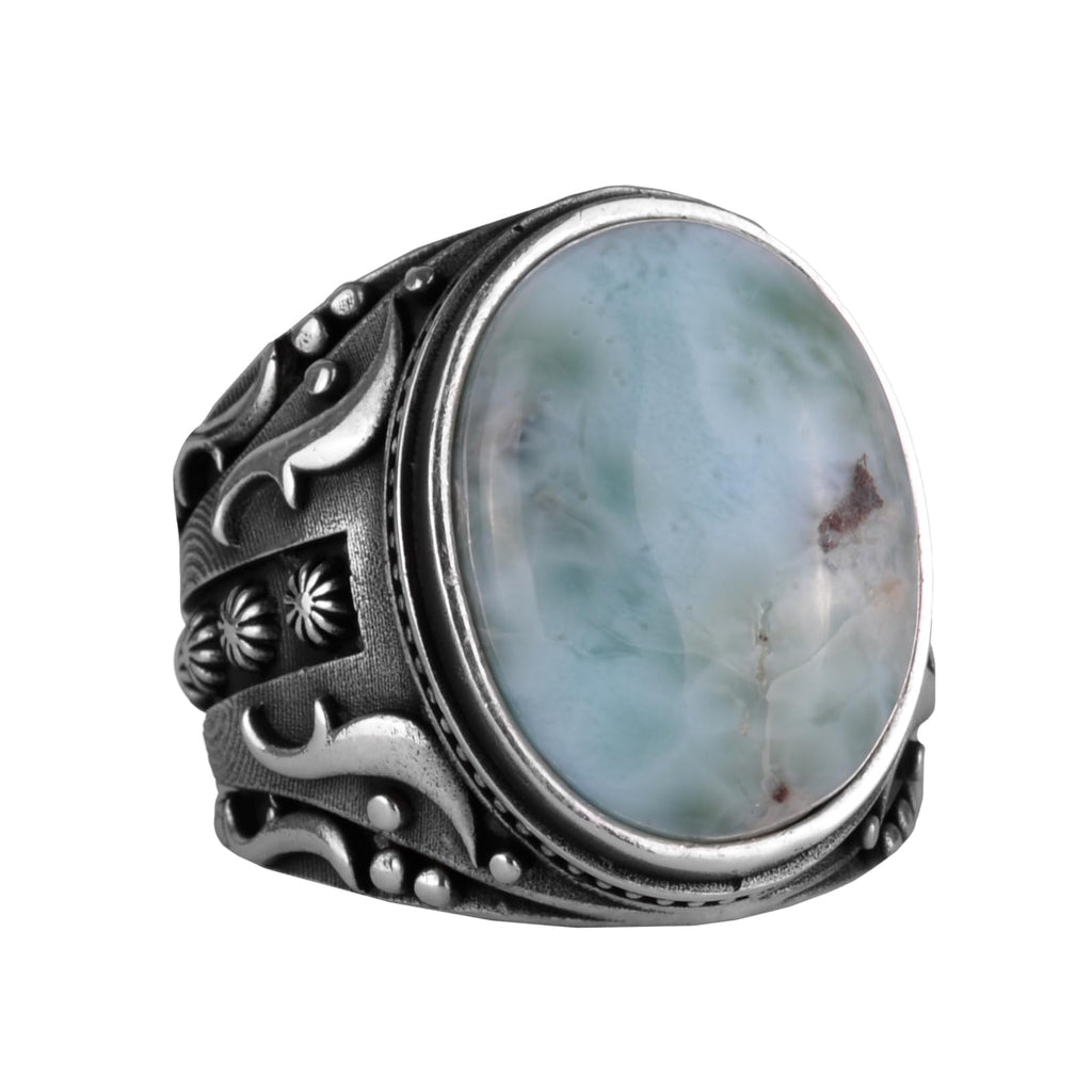 Handmade Natural Larimar Stone Ring, 925 Sterling Silver Men's Ring