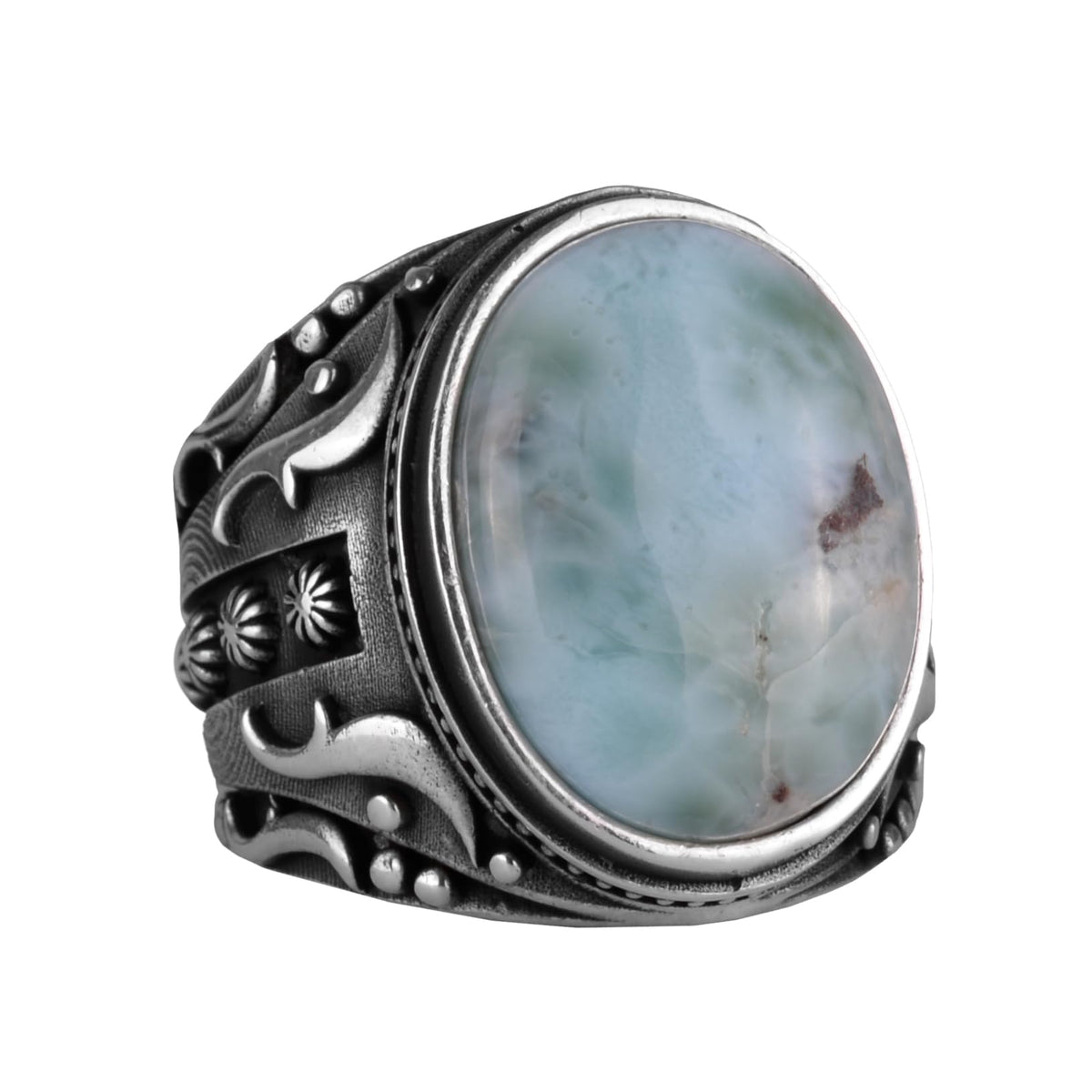 Handmade Natural Larimar Stone Ring, 925 Sterling Silver Men's Ring