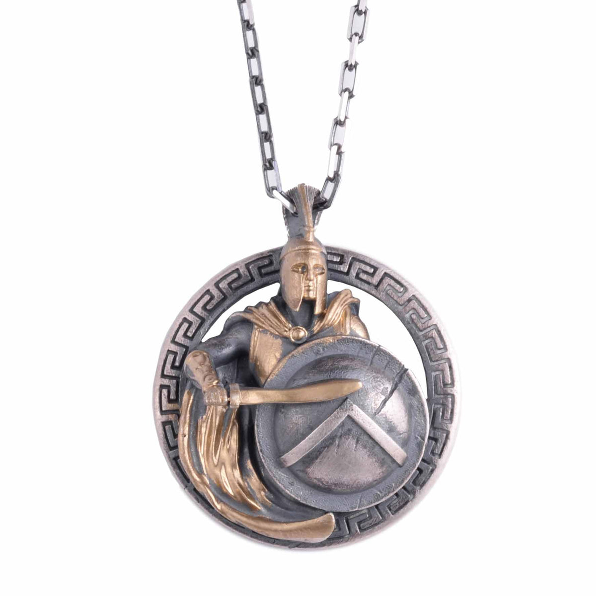 KAMBO 925 Sterling Silver Spartan Warrior Necklace - Handmade Ancient Greek Hoplite Pendant with Lambda Shield - Symbol of Strength, Honor, and Discipline (Gold Plated)