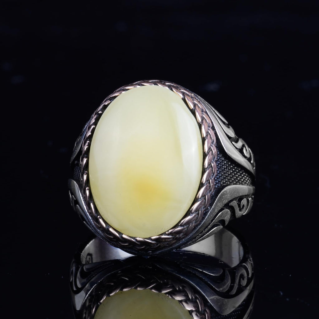 KAMBO Men's Natural Baltic Amber Stone Ring – 925 Sterling Silver Handmade Statement Ring – Authentic Amber Jewelry with Ottoman Style Details (Style-15) — 5