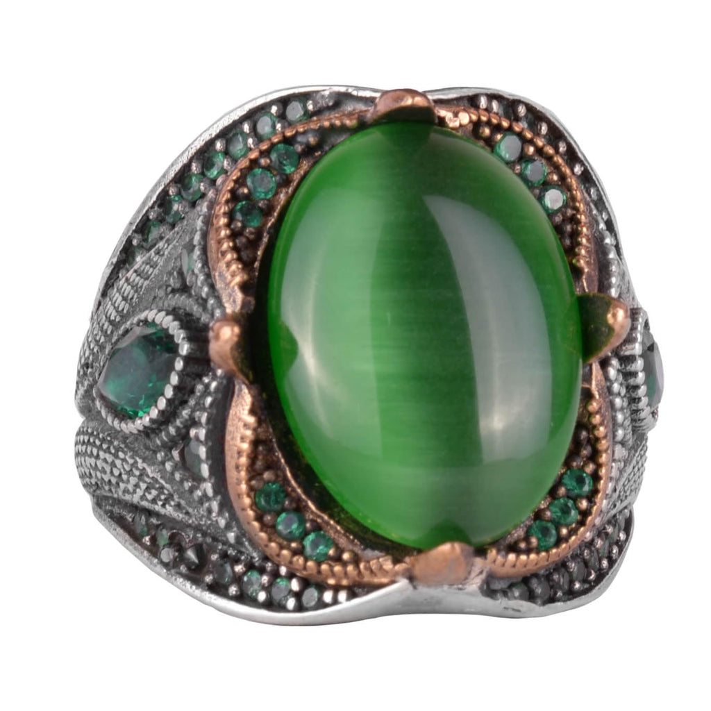 Kambo Synthetic Green Cat's Eye Stone Ring – 925 Sterling Silver Handmade Jewelry
