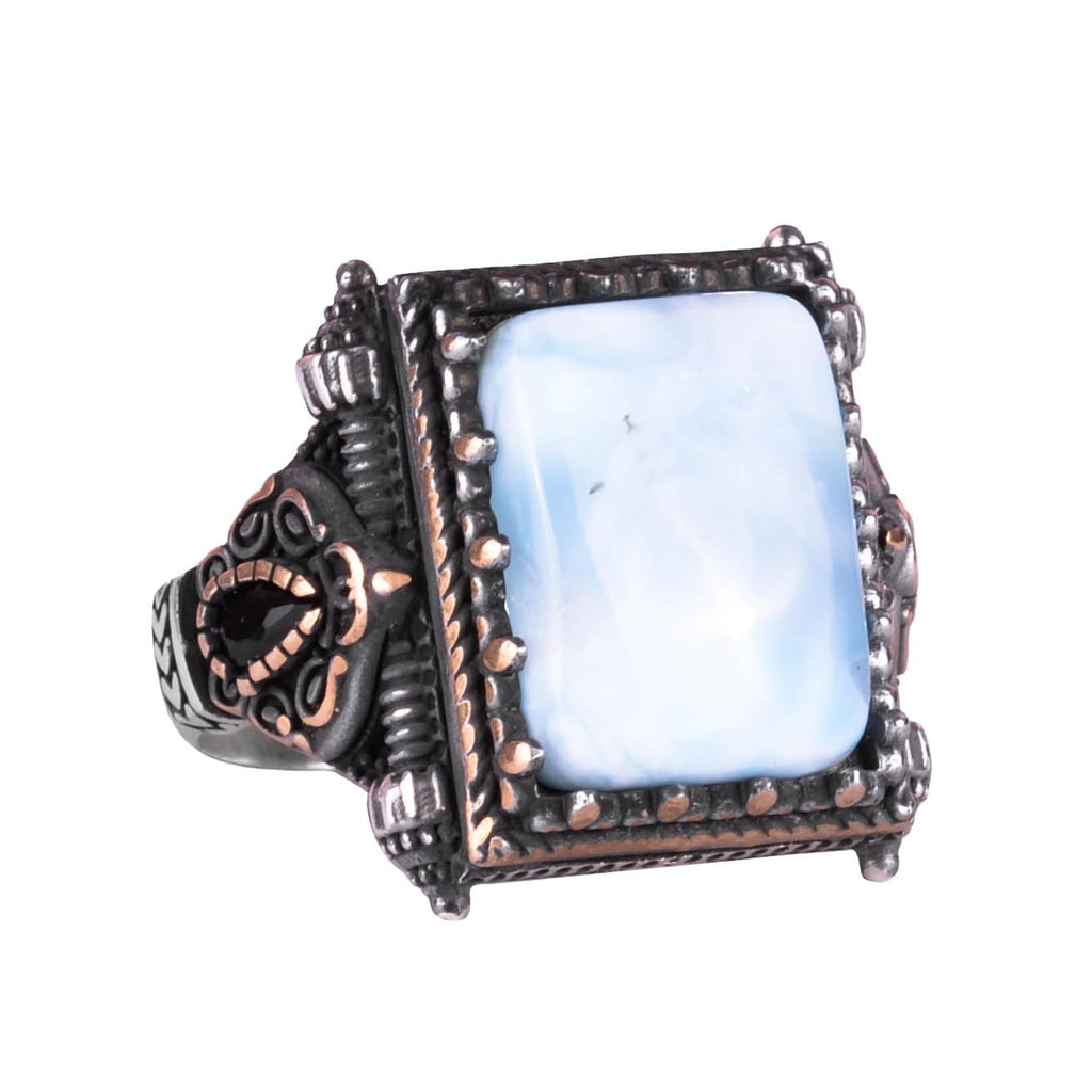 KAMBO Genuine Real Natural Stone Ring - Larimar 925K Solid Silver Men's Ring - Modern Design
