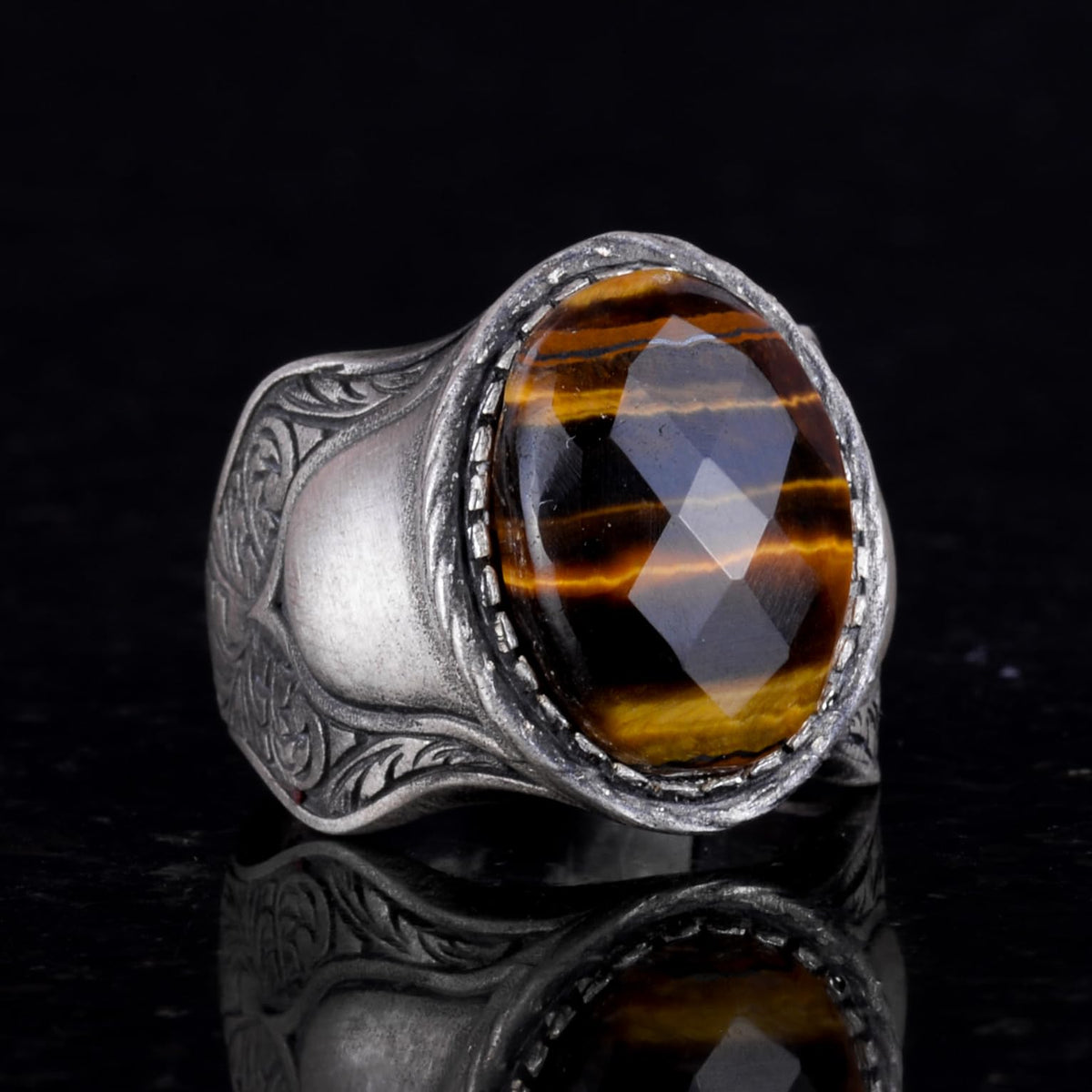Natural Stone Ring, 925 Sterling Silver Ring, (Tiger Eye) — 5