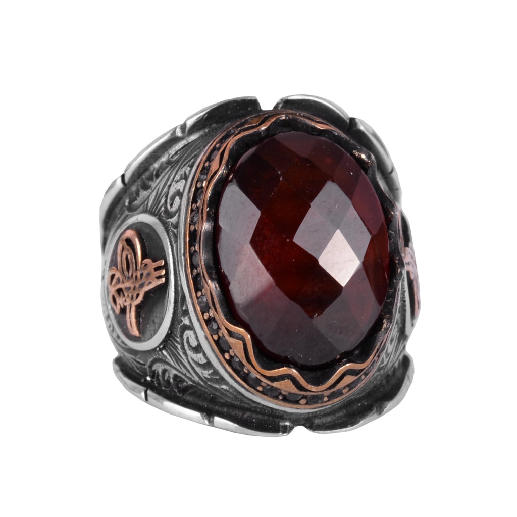 Natural Garnet Stone Ring, 925 Sterling Silver, Ottoman Tughra Ring