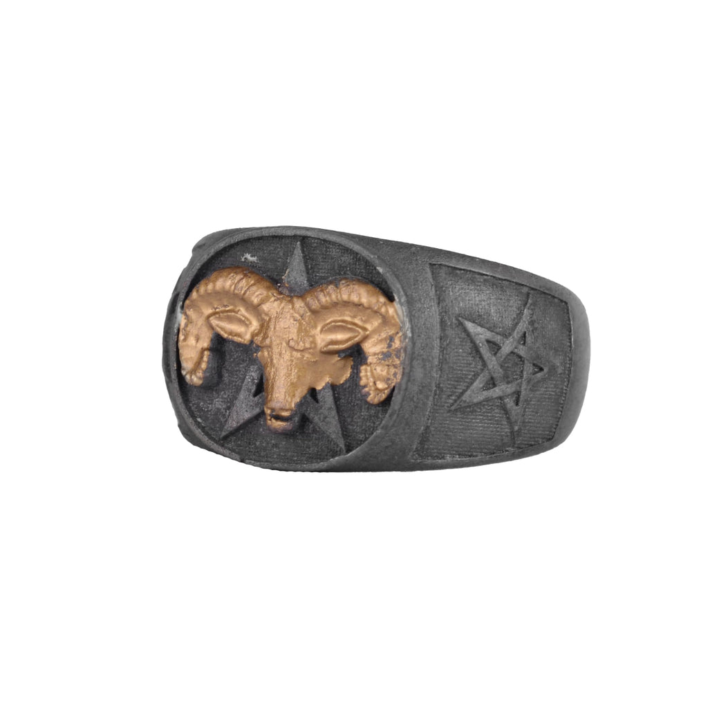 KAMBO Ram Skull Pentagram Men's Ring – 925 Sterling Silver Gold Plated Ram Head – Handmade Occult Gothic Symbol Jewelry – Dark Fantasy Statement Ring