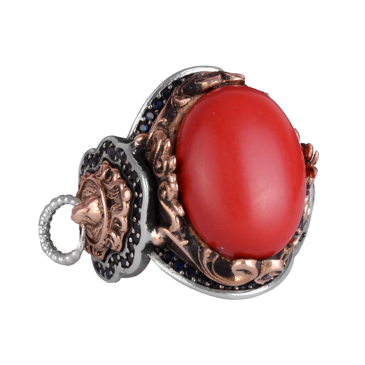 Red Coral Stone Ring, 925 Sterling Silver Men's Ring, Lion Symbol Ring, Animal Figure Silver Ring