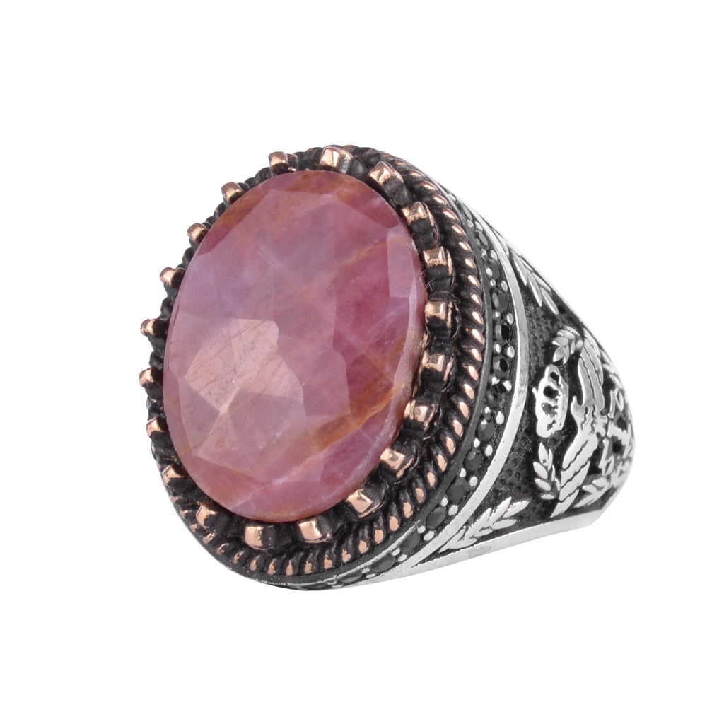 KAMBO Natural Pink Sapphire Stone Ring for Men 925 Sterling Silver Handmade Statement Ring Oval Sapphire