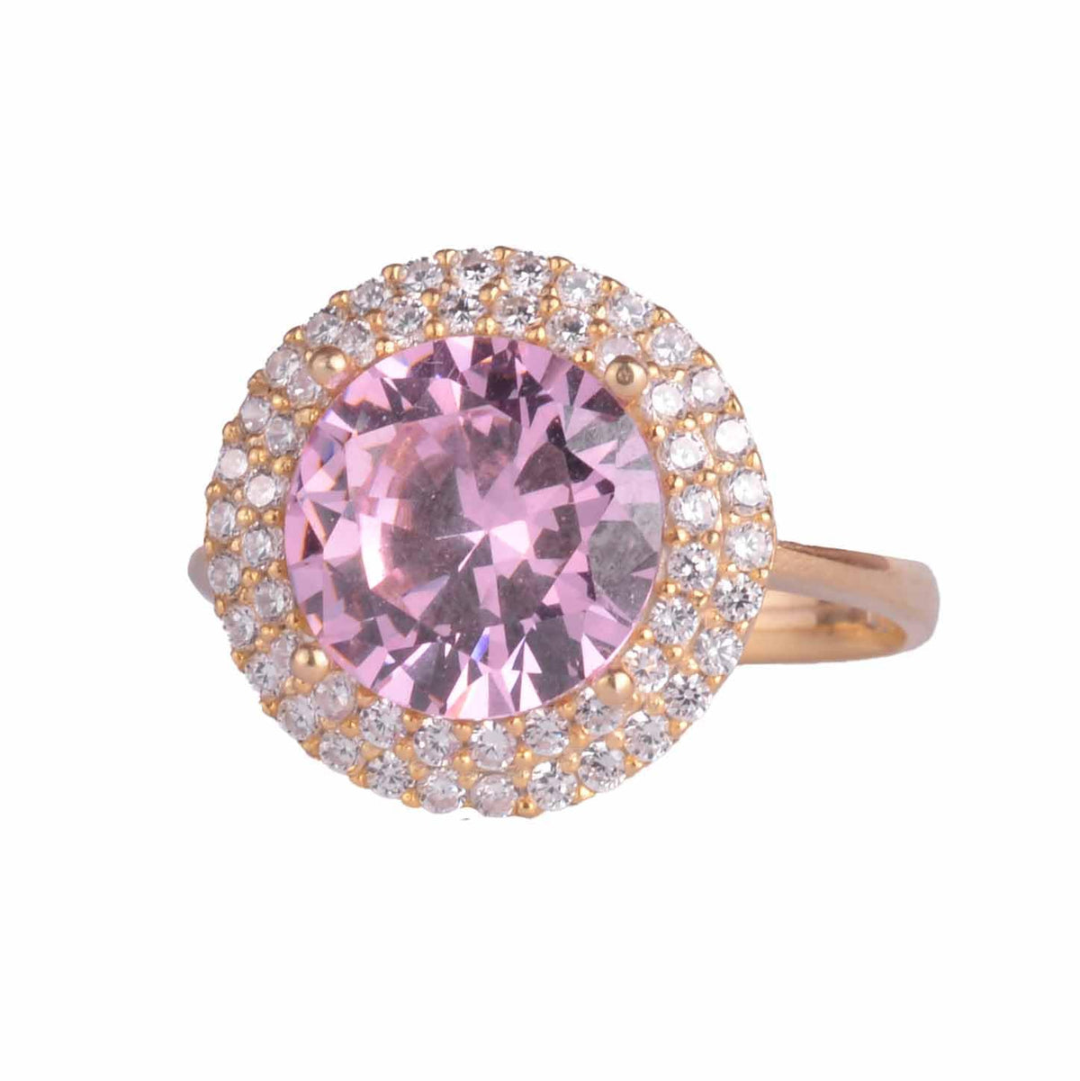 KAMBO 925 Sterling Silver Round Stone Women's Ring – Silver Gold Plated Elegant Halo Design Statement Ring (Synthetic Pink Stone)
